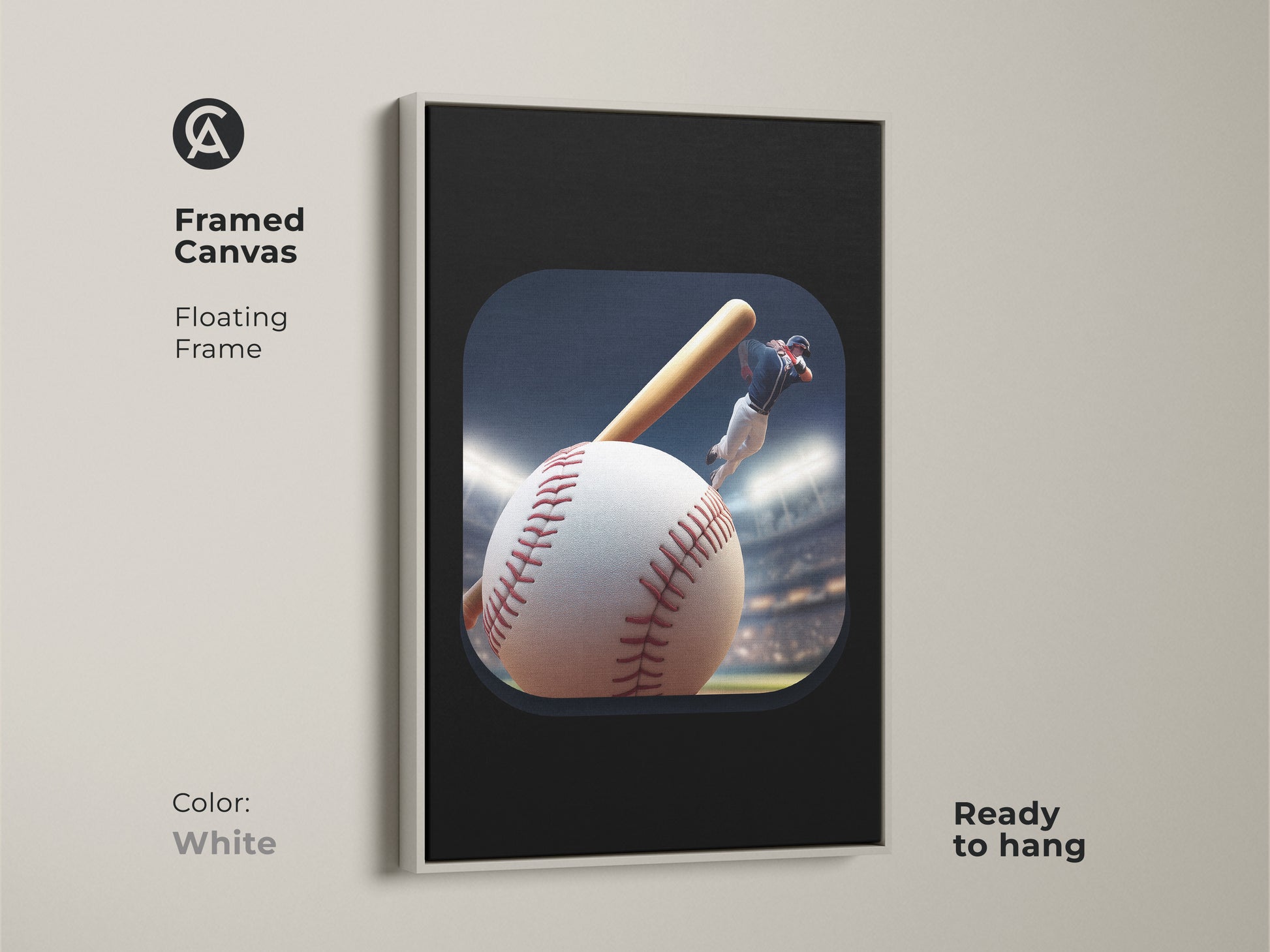 Framed canvas art with baseball player action. Modern baseball art print with a floating frame in white. A sports wall art for a man cave. Contemporary baseball decor as a great gift for baseball fan dad. Enjoy this dynamic sports artwork at home.
