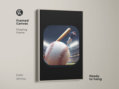 Framed canvas art with baseball player action. Modern baseball art print with a floating frame in white. A sports wall art for a man cave. Contemporary baseball decor as a great gift for baseball fan dad. Enjoy this dynamic sports artwork at home.