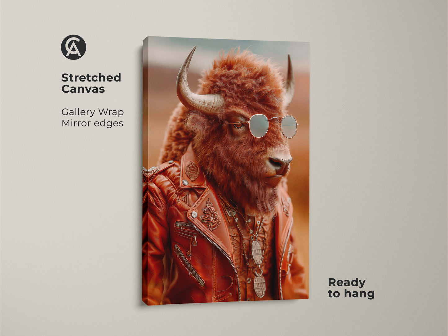 Stretched canvas print featuring a bison in a retro leather jacket and sunglasses. This cool biker wildlife art has gallery wrapped mirror edges. It is ready to hang and adds an eclectic vibe to office or home decor.
