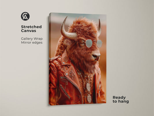 Stretched canvas print featuring a bison in a retro leather jacket and sunglasses. This cool biker wildlife art has gallery wrapped mirror edges. It is ready to hang and adds an eclectic vibe to office or home decor.