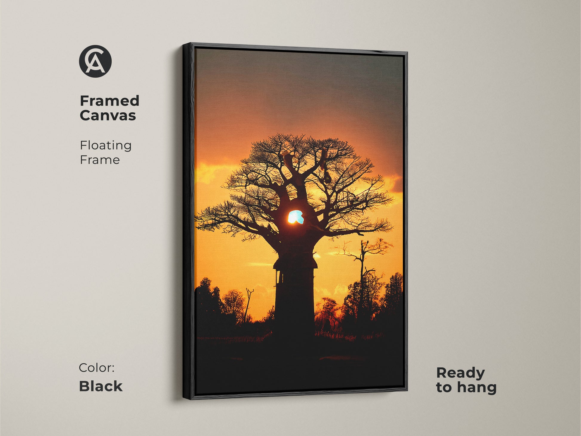 Framed canvas of an African Baobab tree at sunset. The black floating frame adds a modern touch. This boho nature print is ready to hang. Perfect for a travel themed living room or bedroom wall art.