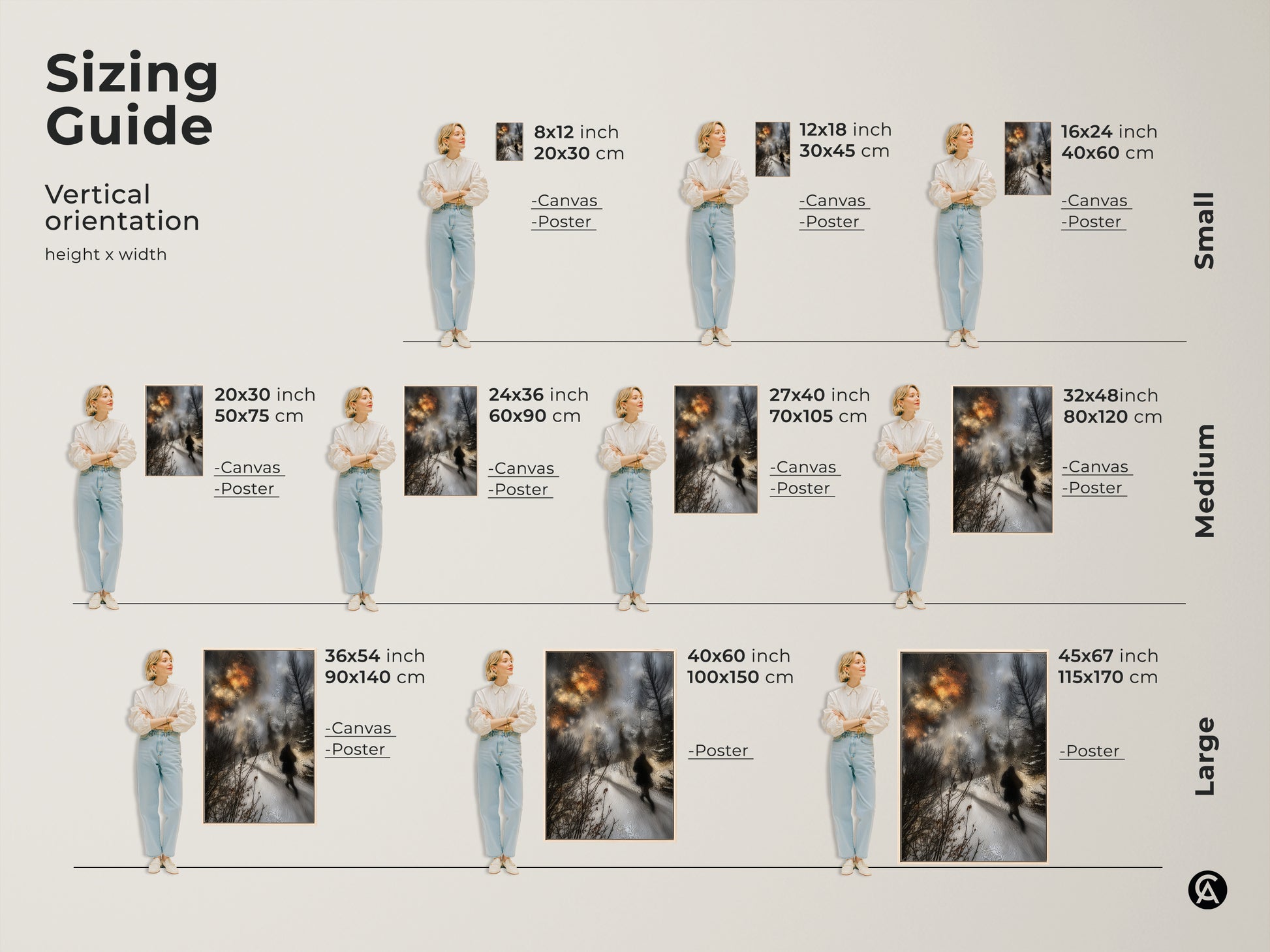 Sizing guide for winter landscape canvas and poster prints. Find the perfect vertical orientation. Select from small medium and large sizes to complement your bedroom decor with nature art.