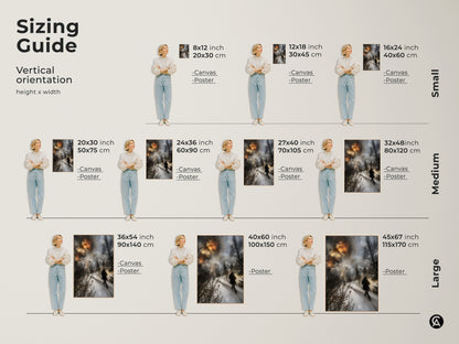 Sizing guide for winter landscape canvas and poster prints. Find the perfect vertical orientation. Select from small medium and large sizes to complement your bedroom decor with nature art.