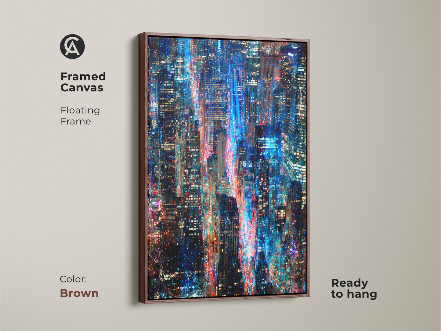 Transform your home decor with this framed canvas art. This artwork features a captivating cityscape at night. The floating frame adds a touch of elegance. The blue and red lights create a mesmerizing effect. The frame color is brown and ready to hang.