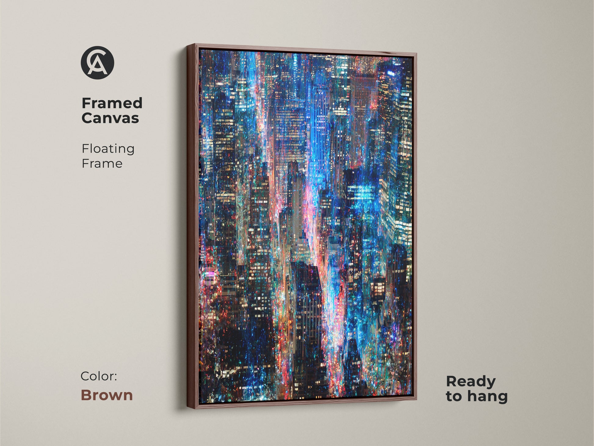 Transform your home decor with this framed canvas art. This artwork features a captivating cityscape at night. The floating frame adds a touch of elegance. The blue and red lights create a mesmerizing effect. The frame color is brown and ready to hang.