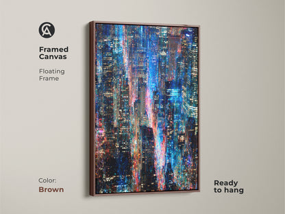 Transform your home decor with this framed canvas art. This artwork features a captivating cityscape at night. The floating frame adds a touch of elegance. The blue and red lights create a mesmerizing effect. The frame color is brown and ready to hang.