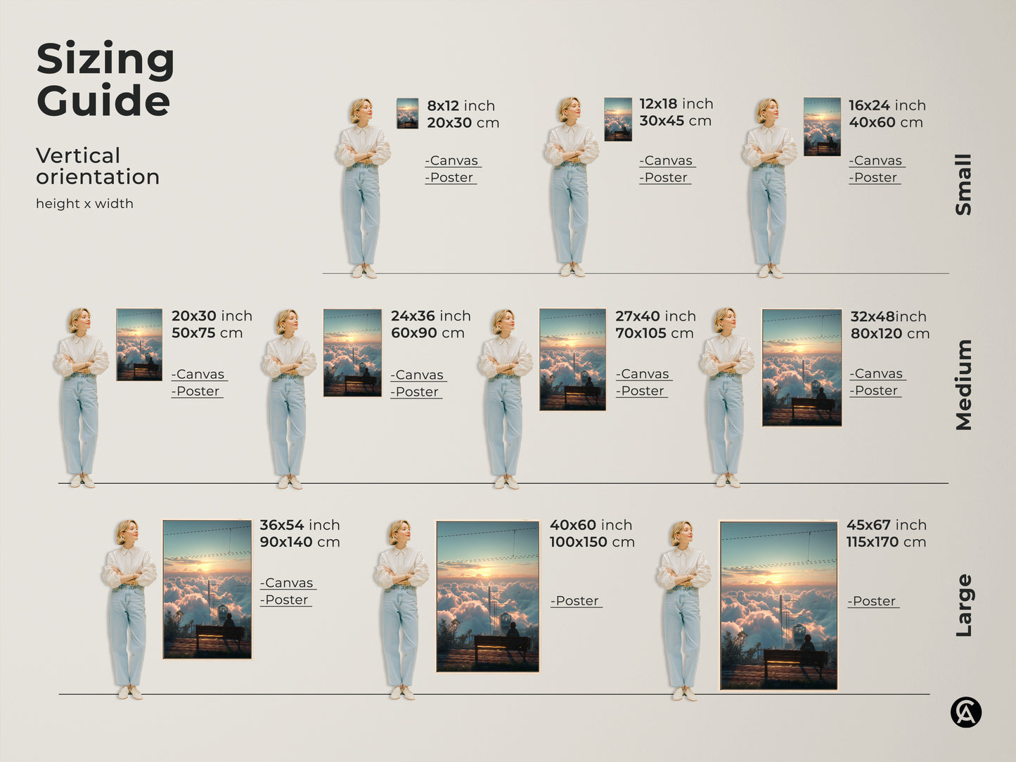 Sizing guide for vertical orientation 'Above Clouds Train' artwork. Visualize canvas and poster options in small medium and large sizes. Find the perfect fit for your space. This sunrise landscape canvas print makes an ideal bedroom art gift. Discover the ideal dimensions for your cinematic travel view.