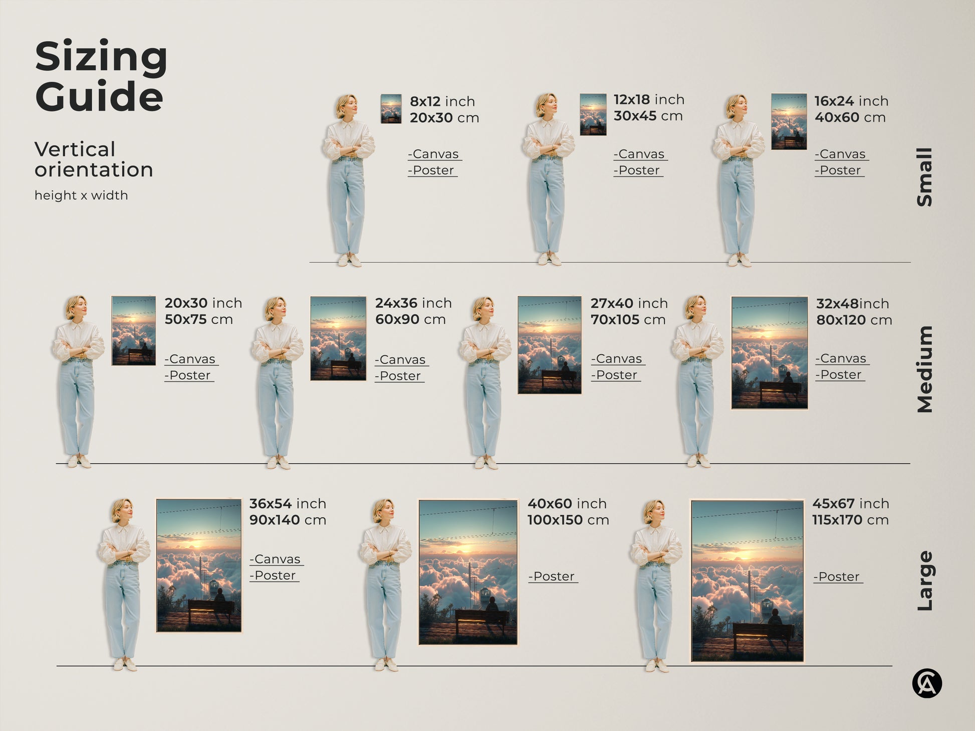 Sizing guide for vertical orientation 'Above Clouds Train' artwork. Visualize canvas and poster options in small medium and large sizes. Find the perfect fit for your space. This sunrise landscape canvas print makes an ideal bedroom art gift. Discover the ideal dimensions for your cinematic travel view.