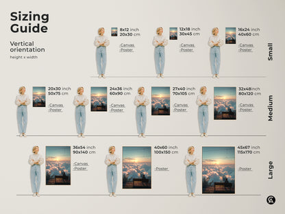 Sizing guide for vertical orientation 'Above Clouds Train' artwork. Visualize canvas and poster options in small medium and large sizes. Find the perfect fit for your space. This sunrise landscape canvas print makes an ideal bedroom art gift. Discover the ideal dimensions for your cinematic travel view.