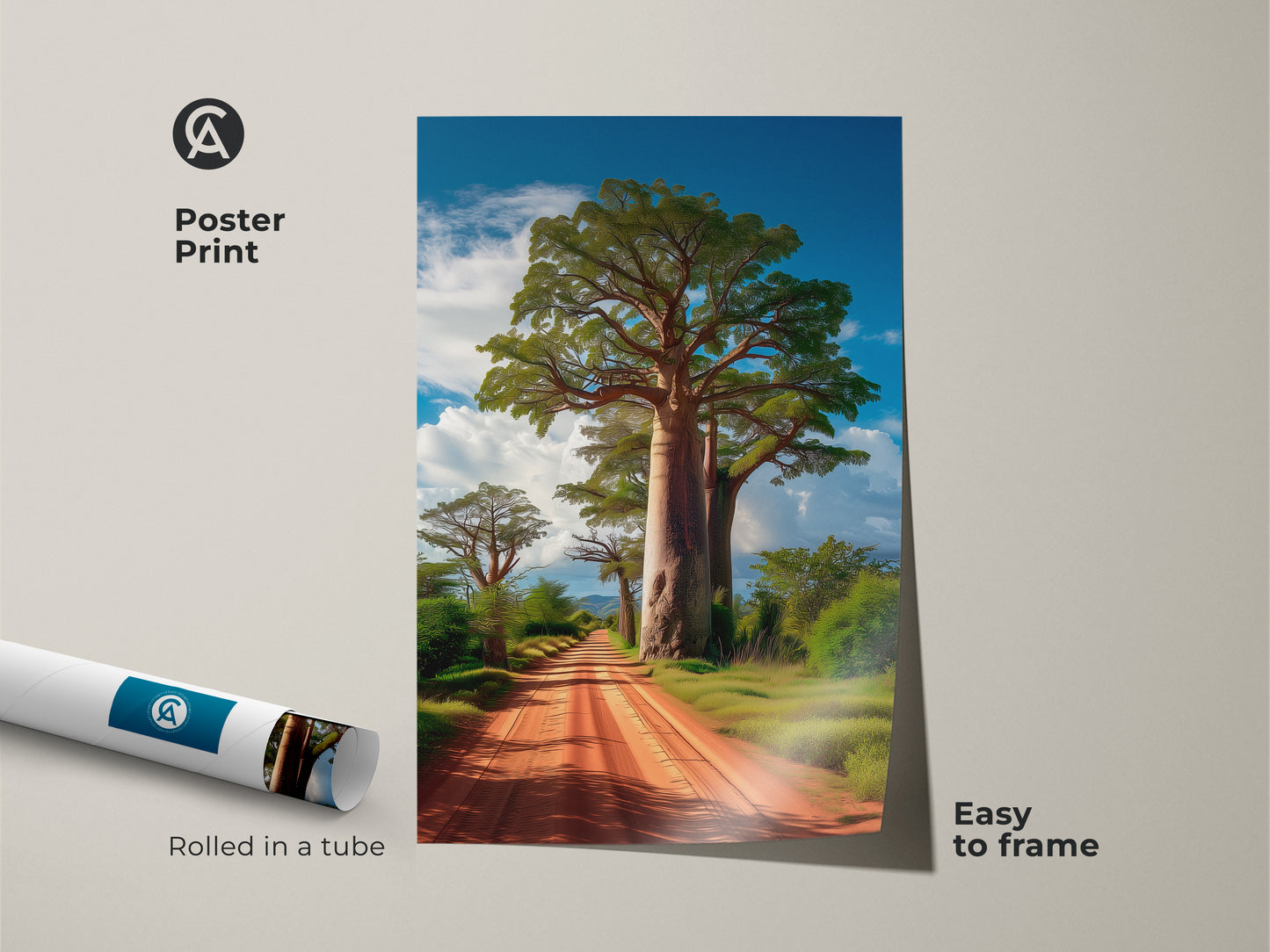 Poster print of an African Savanna landscape. The art features a Baobab tree. The print is rolled in a tube for easy framing. Ideal for adding a touch of nature and boho style to your decor. This is easy to frame.
