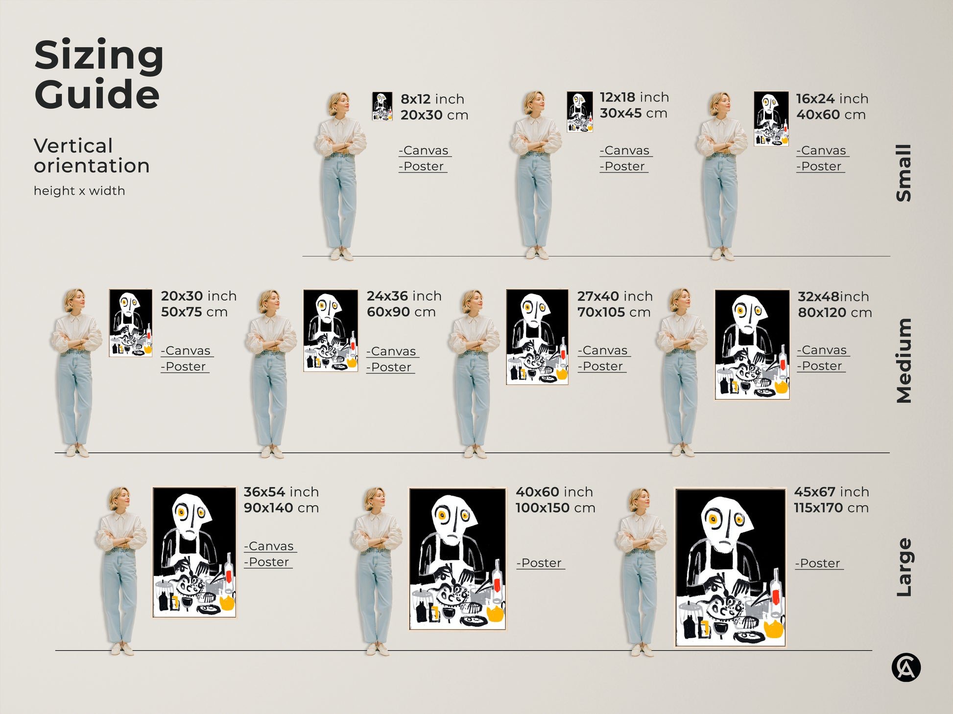 See the sizing guide for the Abstract Cooking Art Print. Vertical orientation available in small medium and large sizes. Canvas and poster options let you match the scale to your space. Transform your kitchen with unique chef wall art today.