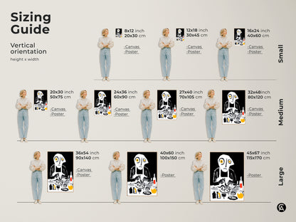 See the sizing guide for the Abstract Cooking Art Print. Vertical orientation available in small medium and large sizes. Canvas and poster options let you match the scale to your space. Transform your kitchen with unique chef wall art today.