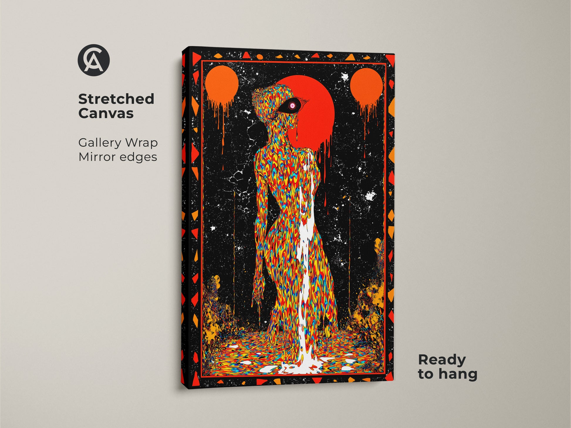 A stretched canvas featuring surreal drip effect wall art. The psychedelic figure art print is gallery wrapped with mirrored edges. Ready to hang abstract multi colored canvas makes a statement. Elevate your home decor with this unique wall hanging art. Vibrant abstract canvas for any room.