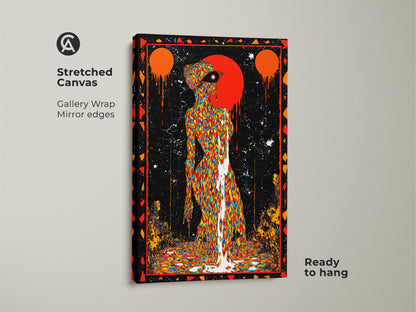 A stretched canvas featuring surreal drip effect wall art. The psychedelic figure art print is gallery wrapped with mirrored edges. Ready to hang abstract multi colored canvas makes a statement. Elevate your home decor with this unique wall hanging art. Vibrant abstract canvas for any room.