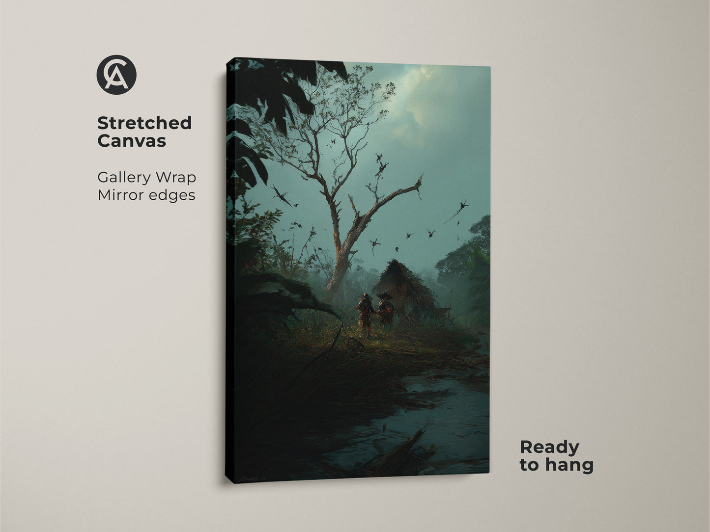 Stretched canvas art print features a dark fantasy scene. Tribal figures approach a thatched hut. The gallery-wrapped adventure landscape adds an eclectic touch to any space. Misty blue teal artwork is ready to hang. Perfect for study room wall decor.