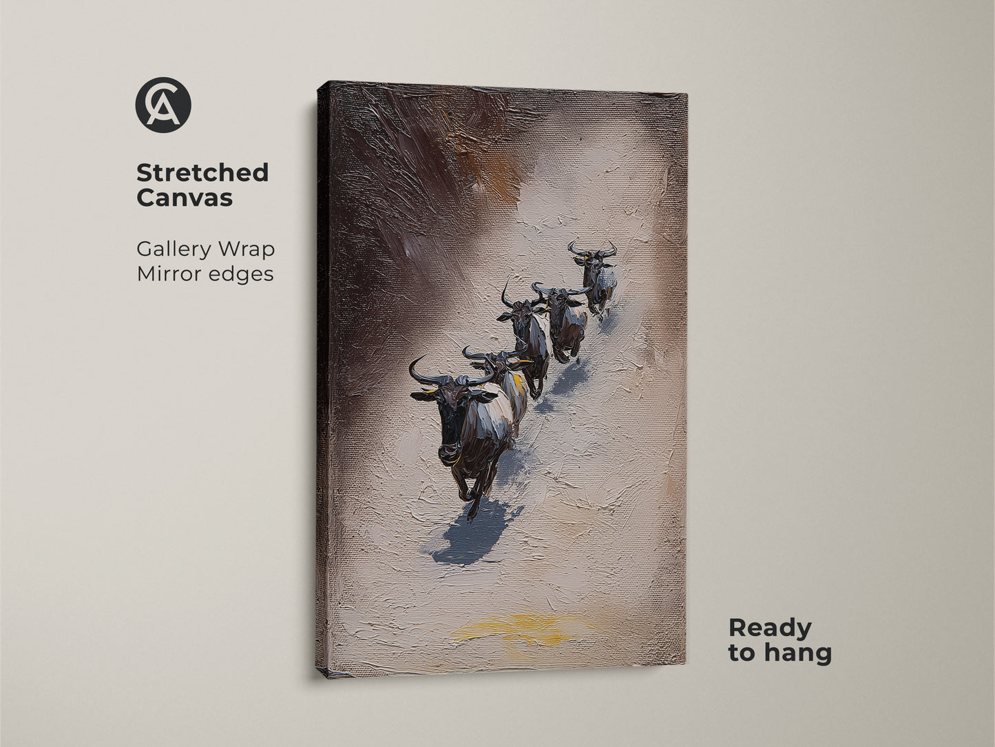 Stretched Canvas of Wildebeest art. The gallery wrap has mirror edges that enhance the artwork. This textured African wildlife canvas features impressionistic animals in gray and brown tones. It arrives ready to hang. This piece will elevate your home decor.