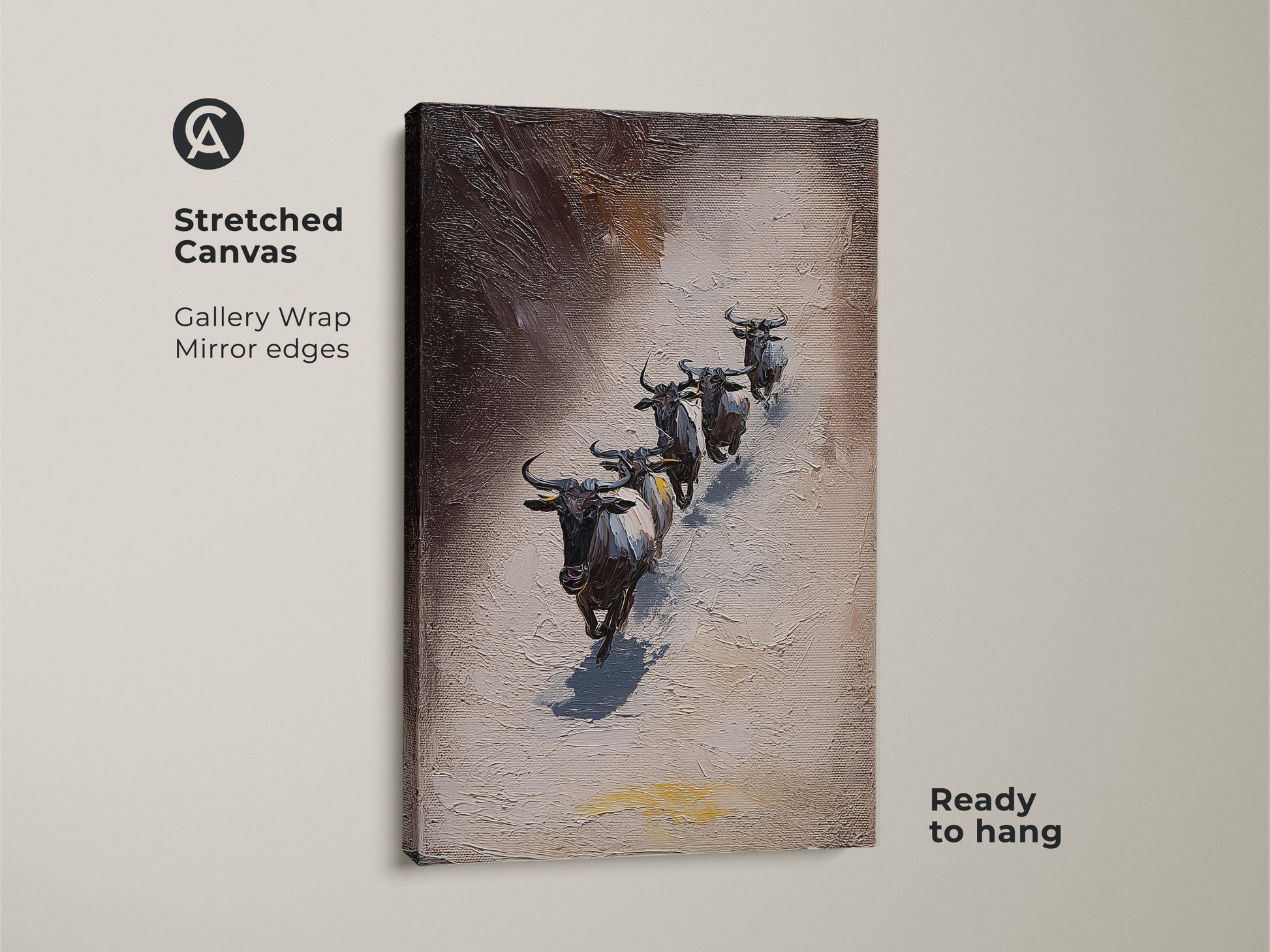 Stretched Canvas of Wildebeest art. The gallery wrap has mirror edges that enhance the artwork. This textured African wildlife canvas features impressionistic animals in gray and brown tones. It arrives ready to hang. This piece will elevate your home decor.