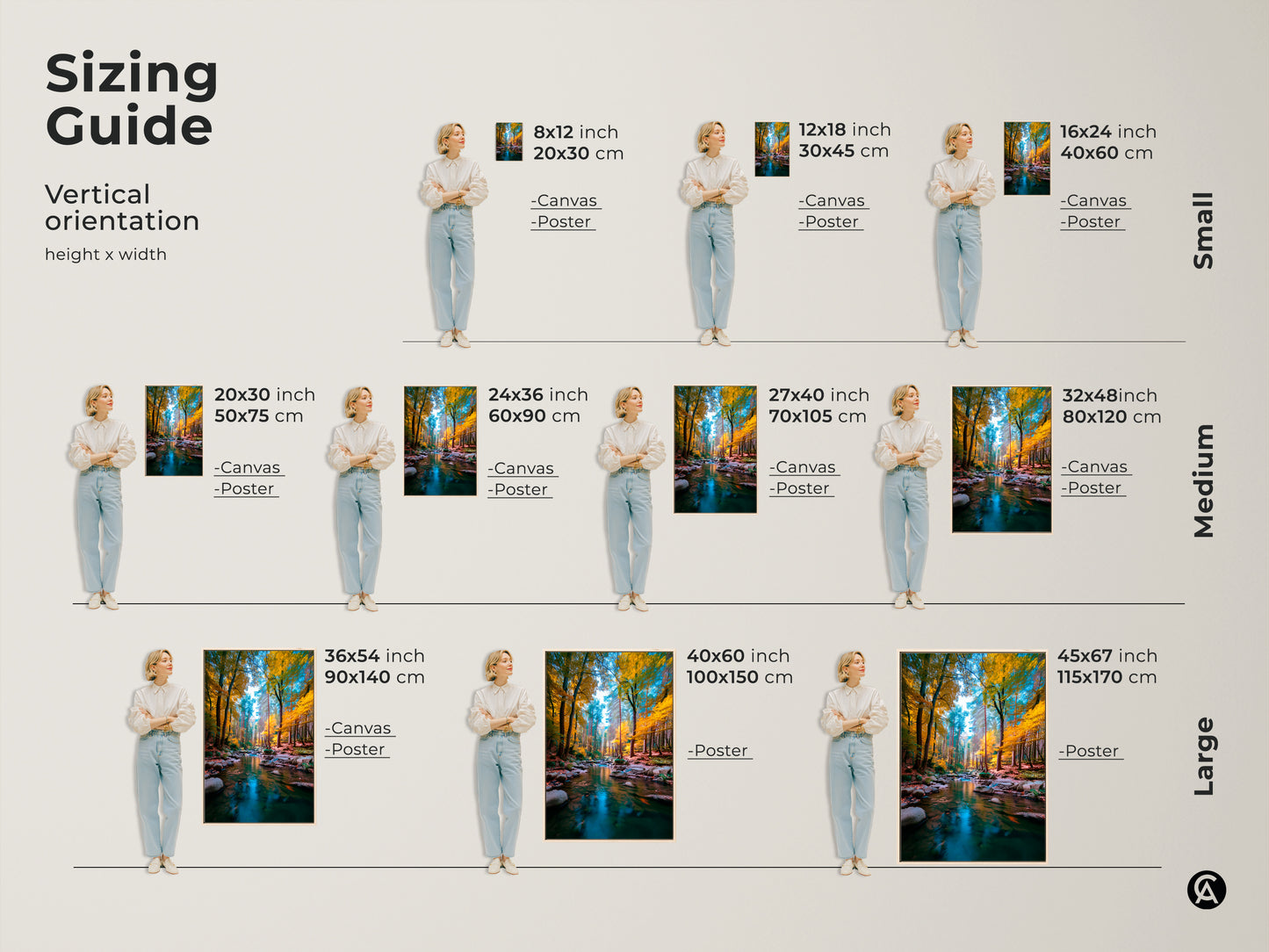Find the perfect size for your forest stream artwork with this sizing guide. Visualize how each size fits with the vertical orientation guide. Available in canvas or poster to suit your decorating needs. Transform your space with this stunning piece.