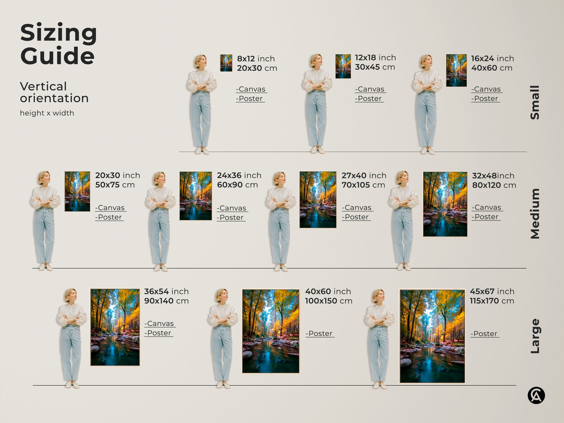 Find the perfect size for your forest stream artwork with this sizing guide. Visualize how each size fits with the vertical orientation guide. Available in canvas or poster to suit your decorating needs. Transform your space with this stunning piece.