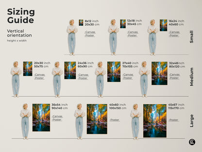 Find the perfect size for your forest stream artwork with this sizing guide. Visualize how each size fits with the vertical orientation guide. Available in canvas or poster to suit your decorating needs. Transform your space with this stunning piece.