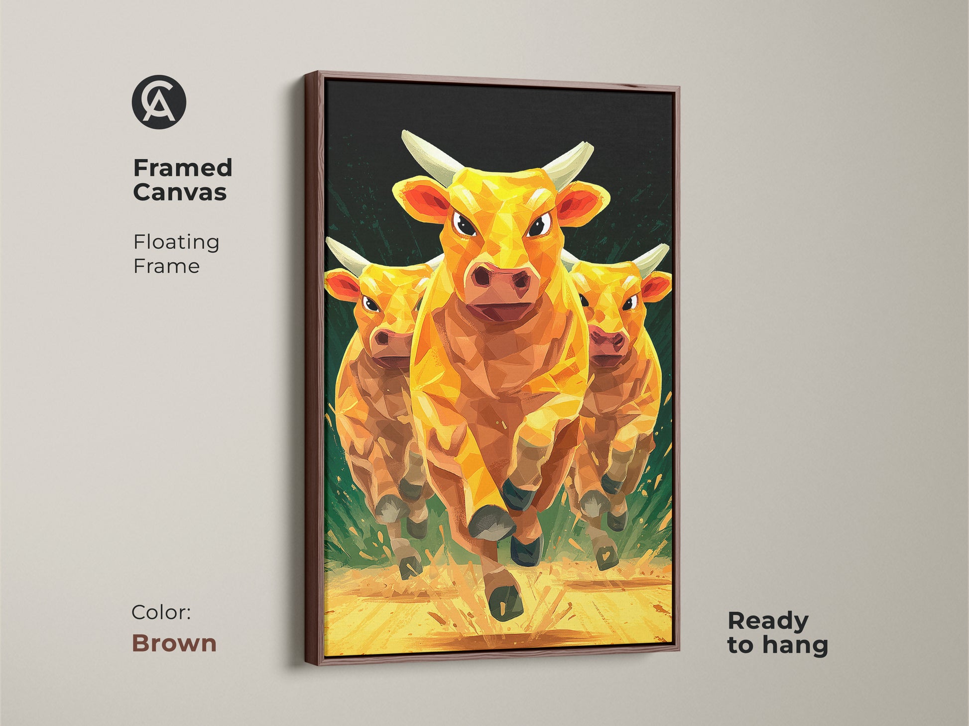 Framed animal canvas art of three golden cows running. A floating frame in brown complements the geometric low polygon style. The modern artwork is ready to hang. Enhance your living room or office with this captivating animal piece. A stylish and dynamic addition to any room.