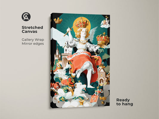 This is a stretched canvas print of an angel figure with crowns. Gallery wrapped with mirrored edges. It comes ready to hang. A great choice for adding classic elegance and a gothic touch to your living space or bedroom wall.