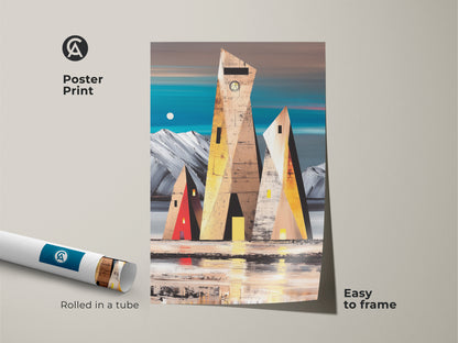 Museum-quality poster print of abstract geometric art. Contemporary building artwork showcasing teal yellow brown colors. Easy to frame and perfect for adding a modern touch to any room.