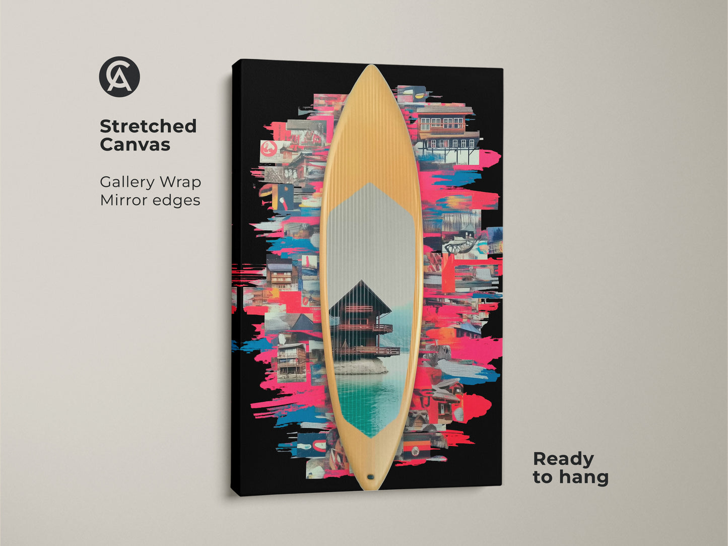 Stretched canvas featuring surfboard collage artwork with gallery wrap and mirrored edges. The print combines Japanese pagoda art with surf culture. It's ready to hang with a backdrop of eclectic teal and pink splashes. Ideal as beach house wall art. The modern collage art adds vibrant flair.