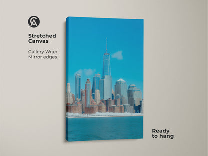 Stretched canvas art showcases a New York skyline. This modern cityscape wall decor features a blue abstract city view. Ready to hang with gallery wrapped mirror edges it enhances urban living spaces.