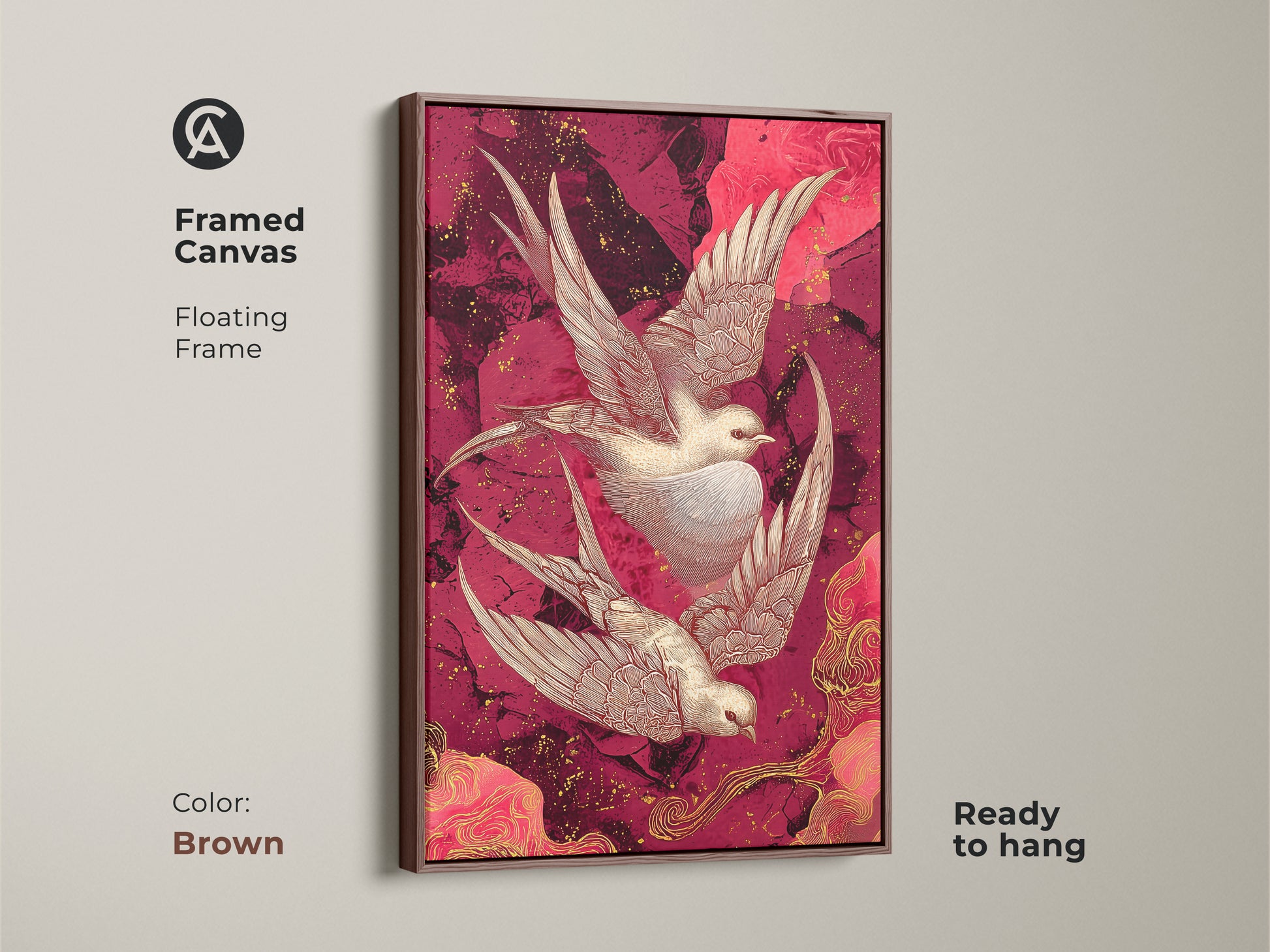 Framed canvas print of crimson and pink swallow art in a brown floating frame. Ready to hang. This oriental bird canvas print enhances any space. Fine art print birds for sophisticated home decor. A perfect housewarming gift canvas.