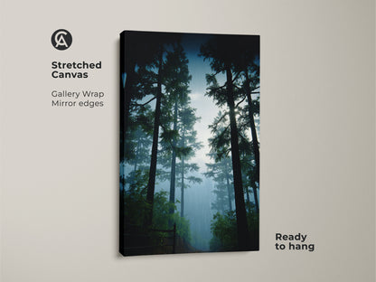 Stretched canvas print of a deep green forest path. This pine tree canvas art brings a misty blue scene to your home. Gallery wrapped with mirrored edges and ready to hang.