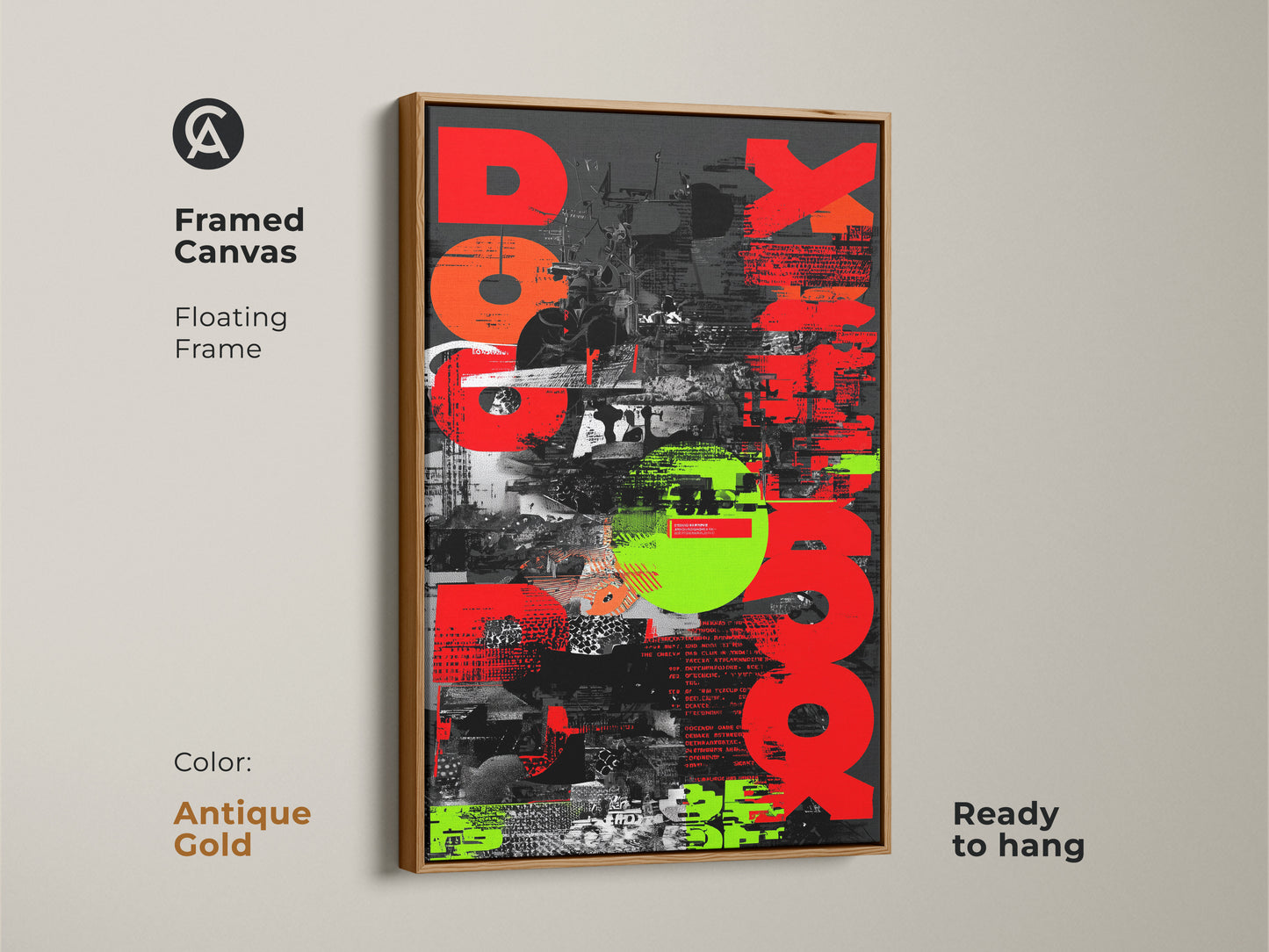 Antique Gold Framed Canvas of Red Neon Green Abstract Art. The urban glitch typography collage is perfect for industrial office decor. This modern collage artwork is ready to hang. The floating frame enhances the visual appeal. This unique wall hanging is a striking gift for graphic enthusiasts. Add a touch of creativity to any room.