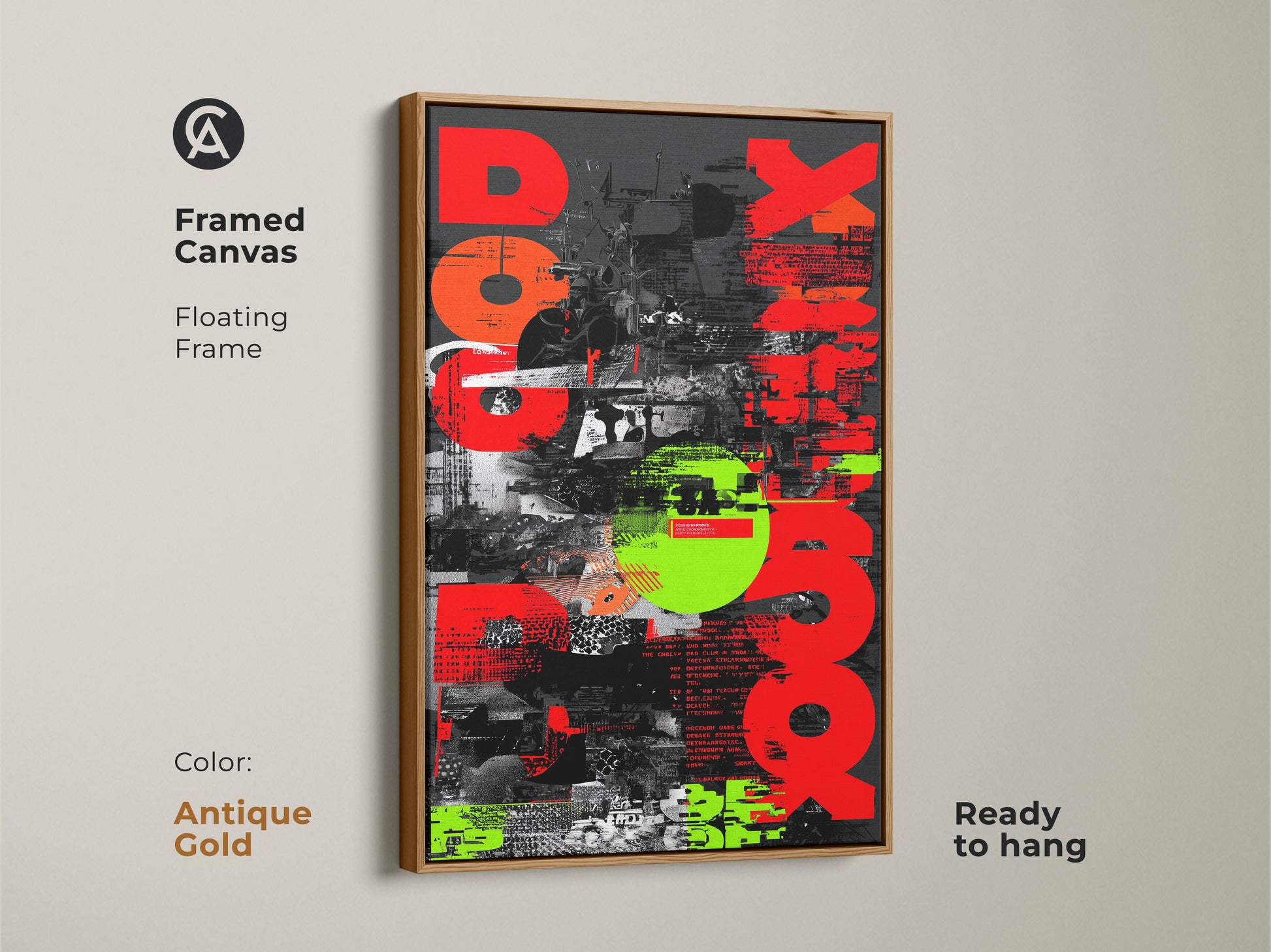 Antique Gold Framed Canvas of Red Neon Green Abstract Art. The urban glitch typography collage is perfect for industrial office decor. This modern collage artwork is ready to hang. The floating frame enhances the visual appeal. This unique wall hanging is a striking gift for graphic enthusiasts. Add a touch of creativity to any room.