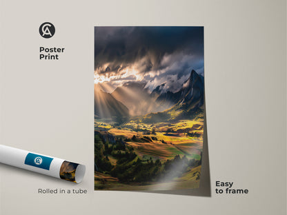 Poster print of a mountain landscape. Rolled in a tube for easy framing. Features golden valley sunbeam art. Ideal nature-themed bedroom decor. A captivating scenic valley painting. Perfect art for mountain lovers. Enjoy this dramatic light landscape art.