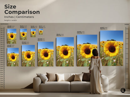 Size comparison of sunflower field art prints in inches and centimeters. Visualize how this yellow floral landscape artwork fits above a sofa. Perfect for farmhouse decor this canvas print brings a sunny summer day indoors. A thoughtful gift for grandma.