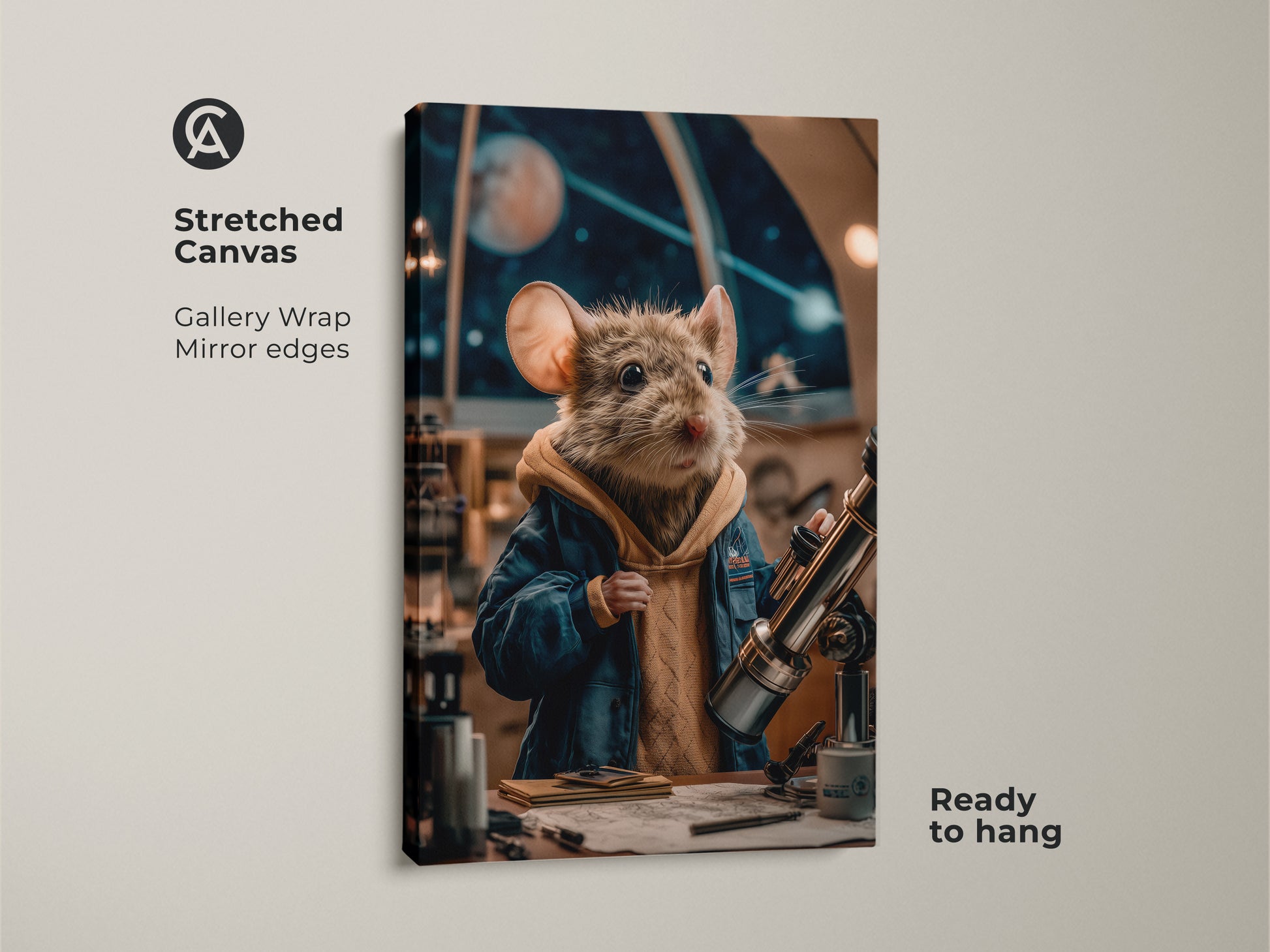The space explorer canvas print features a mouse astronomer. It is ready to hang as office wall art. The celestial animal art has gallery wrap mirror edges. This whimsical mouse art serves as a unique birthday gift idea.