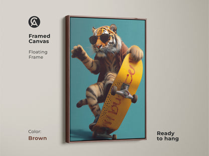 This framed Canvas in Brown features a tiger on a yellow skateboard. It is an urban surrealism wall art piece. This cool animal artwork is ready to hang. Perfect as a birthday gift for teens.