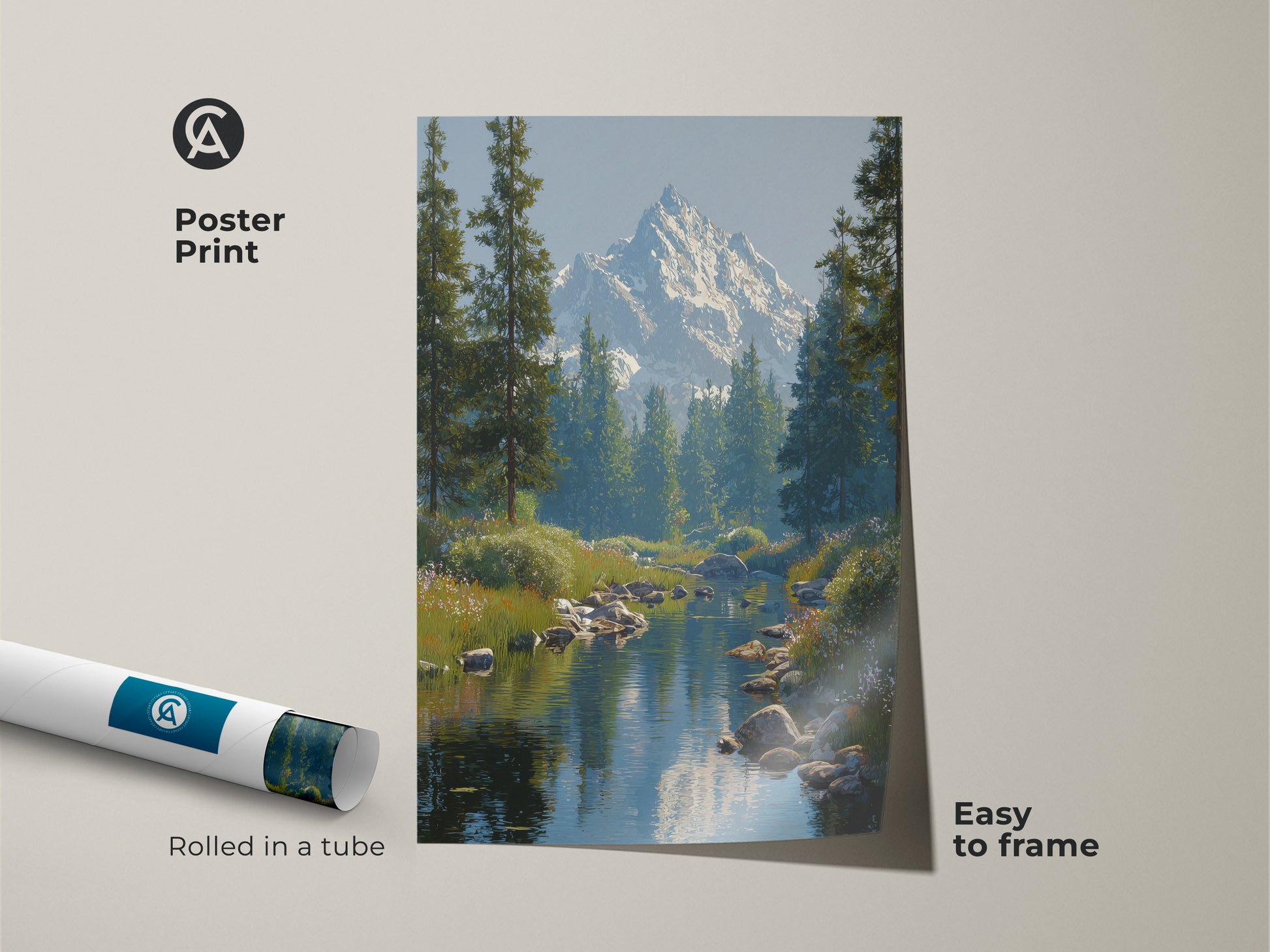 Poster print displaying a serene mountain river scene. A snow-capped peak is visible behind a lush pine forest. Easy to frame this realistic nature artwork enhances any space. Ideal rustic cabin decor. Bring the beauty of the outdoors inside with this fine art print.