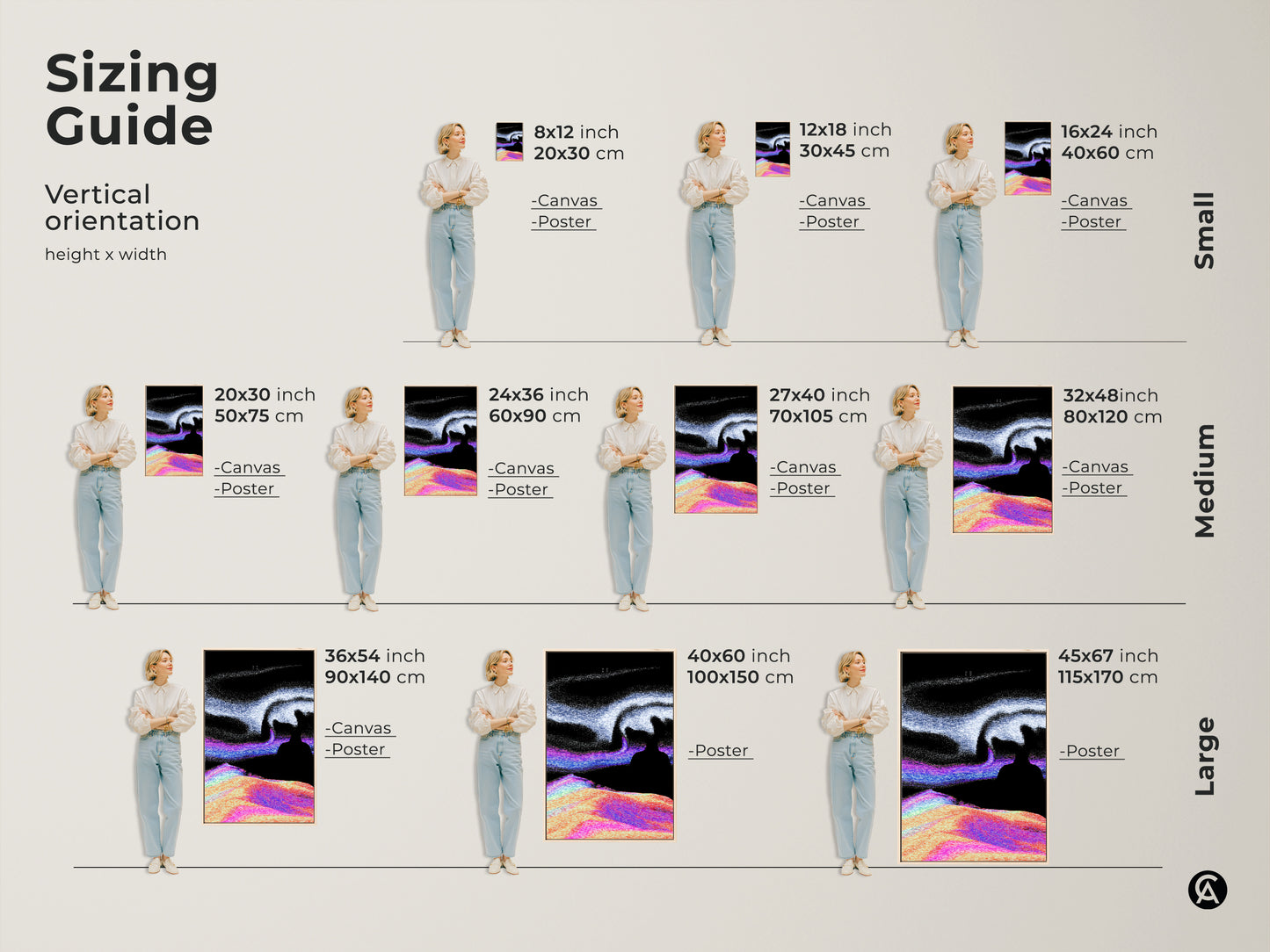 Sizing guide for vertical abstract glitch art. Options include canvas and poster prints in various sizes. The surreal landscape and vaporwave digital artwork make a statement. Find the perfect size for your bedroom wall decor or as a unique wall hanging.