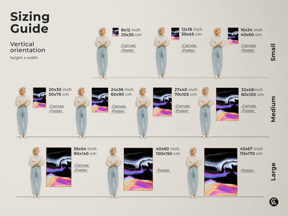 Sizing guide for vertical abstract glitch art. Options include canvas and poster prints in various sizes. The surreal landscape and vaporwave digital artwork make a statement. Find the perfect size for your bedroom wall decor or as a unique wall hanging.