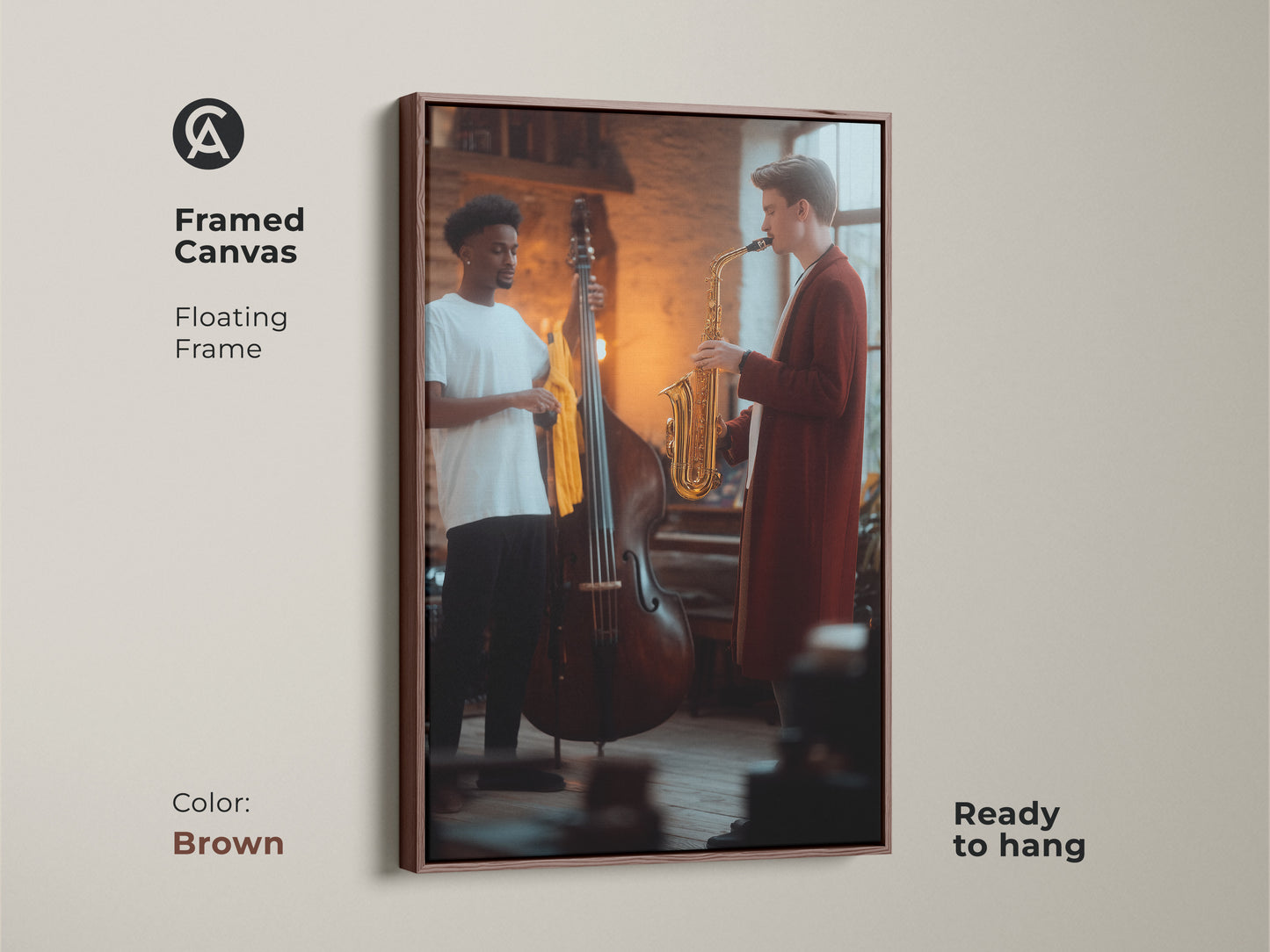 This framed canvas showcases a saxophonist and double bass player in a contemporary jazz artwork. Its floating frame enhances its ready-to-hang status. The fine art music scene is ideal as music room decor wall art. A great modern musician gift in brown tones.