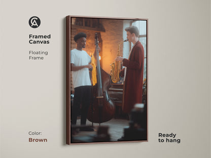This framed canvas showcases a saxophonist and double bass player in a contemporary jazz artwork. Its floating frame enhances its ready-to-hang status. The fine art music scene is ideal as music room decor wall art. A great modern musician gift in brown tones.
