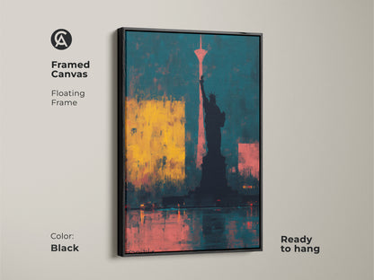 Framed canvas of an abstract Statue of Liberty art piece. Black floating frame enhances the teal and yellow cityscape wall art. Ready to hang in any contemporary space modern office artwork.