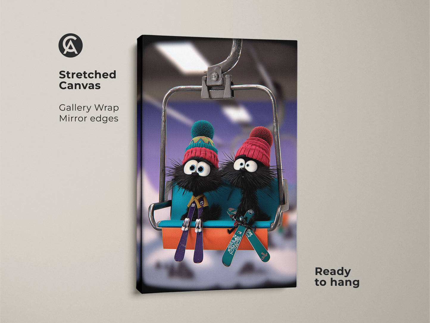 Stretched canvas art print of cartoon furballs skiing. These furry friends are enjoying a ski lift ride. The eclectic blue and teal colors add a whimsical touch. Perfect for kids' room winter decor. Ready to hang this gallery-wrapped piece will enhance any wall. This makes a wonderful gift for ski lovers.