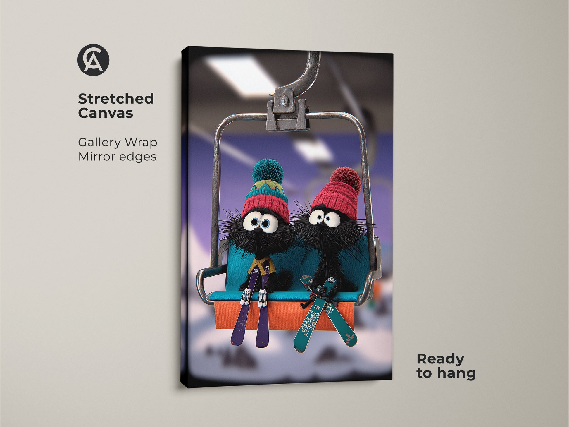 Stretched canvas art print of cartoon furballs skiing. These furry friends are enjoying a ski lift ride. The eclectic blue and teal colors add a whimsical touch. Perfect for kids' room winter decor. Ready to hang this gallery-wrapped piece will enhance any wall. This makes a wonderful gift for ski lovers.