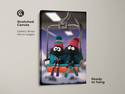 Stretched canvas art print of cartoon furballs skiing. These furry friends are enjoying a ski lift ride. The eclectic blue and teal colors add a whimsical touch. Perfect for kids' room winter decor. Ready to hang this gallery-wrapped piece will enhance any wall. This makes a wonderful gift for ski lovers.