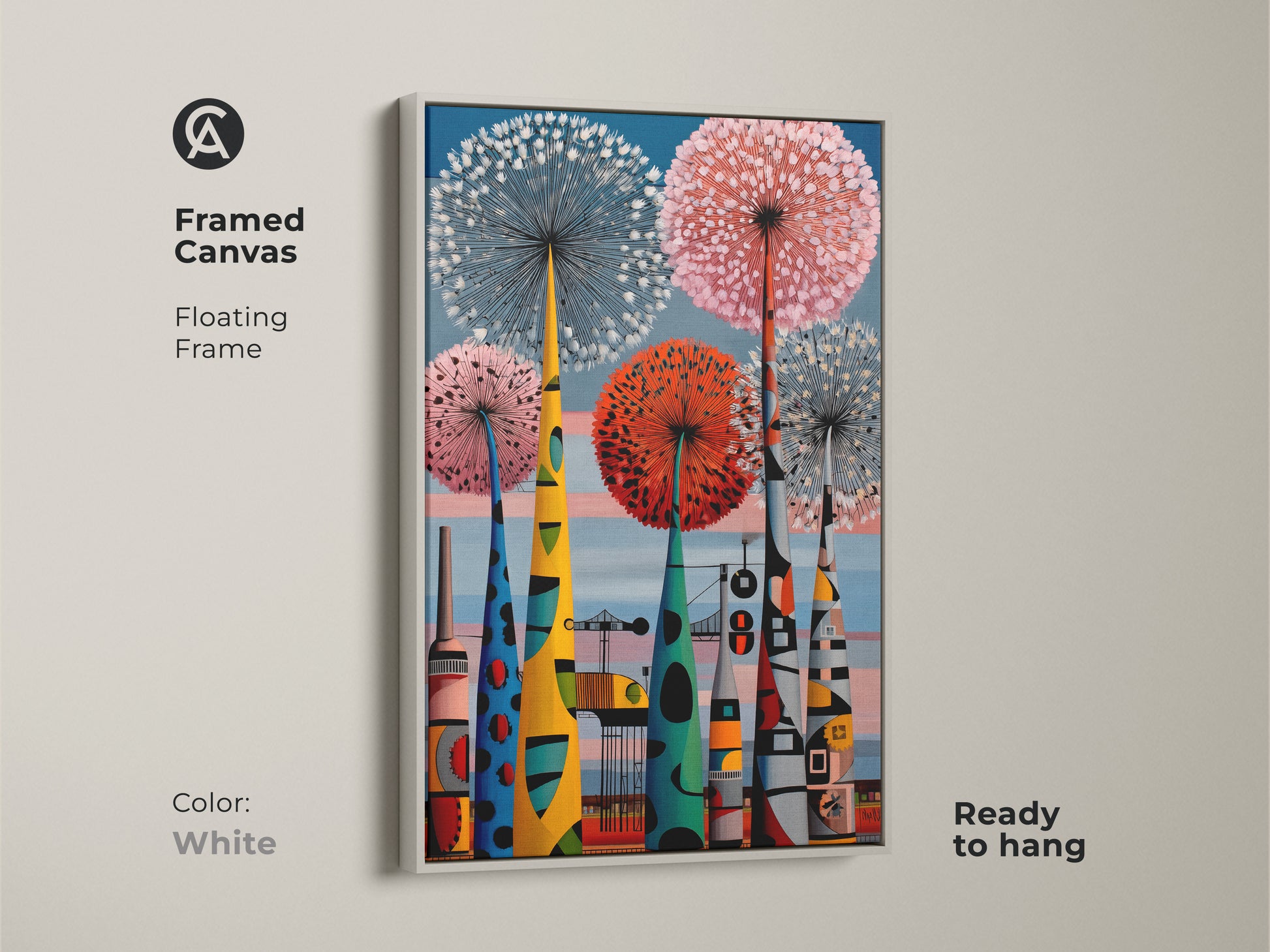 Framed canvas art with a floating white frame presenting a mid-century modern scene. Botanical dandelions meet an industrial cityscape in blue red & pink tones. Ready to hang for a pop of color.