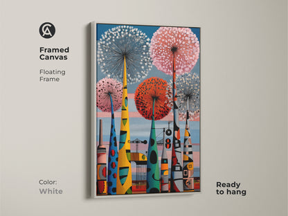 Framed canvas art with a floating white frame presenting a mid-century modern scene. Botanical dandelions meet an industrial cityscape in blue red & pink tones. Ready to hang for a pop of color.