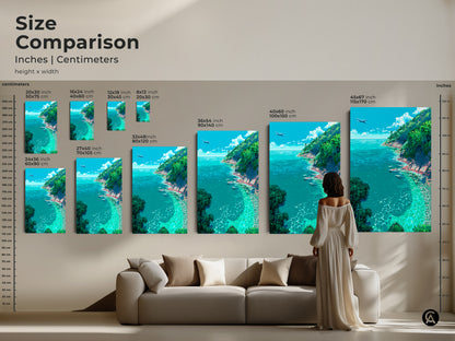 Compare sizes of our ocean view artwork in inches and centimeters. This size comparison helps you choose the ideal fit for your room. From small to extra-large find the perfect canvas or poster to enhance your home decor.