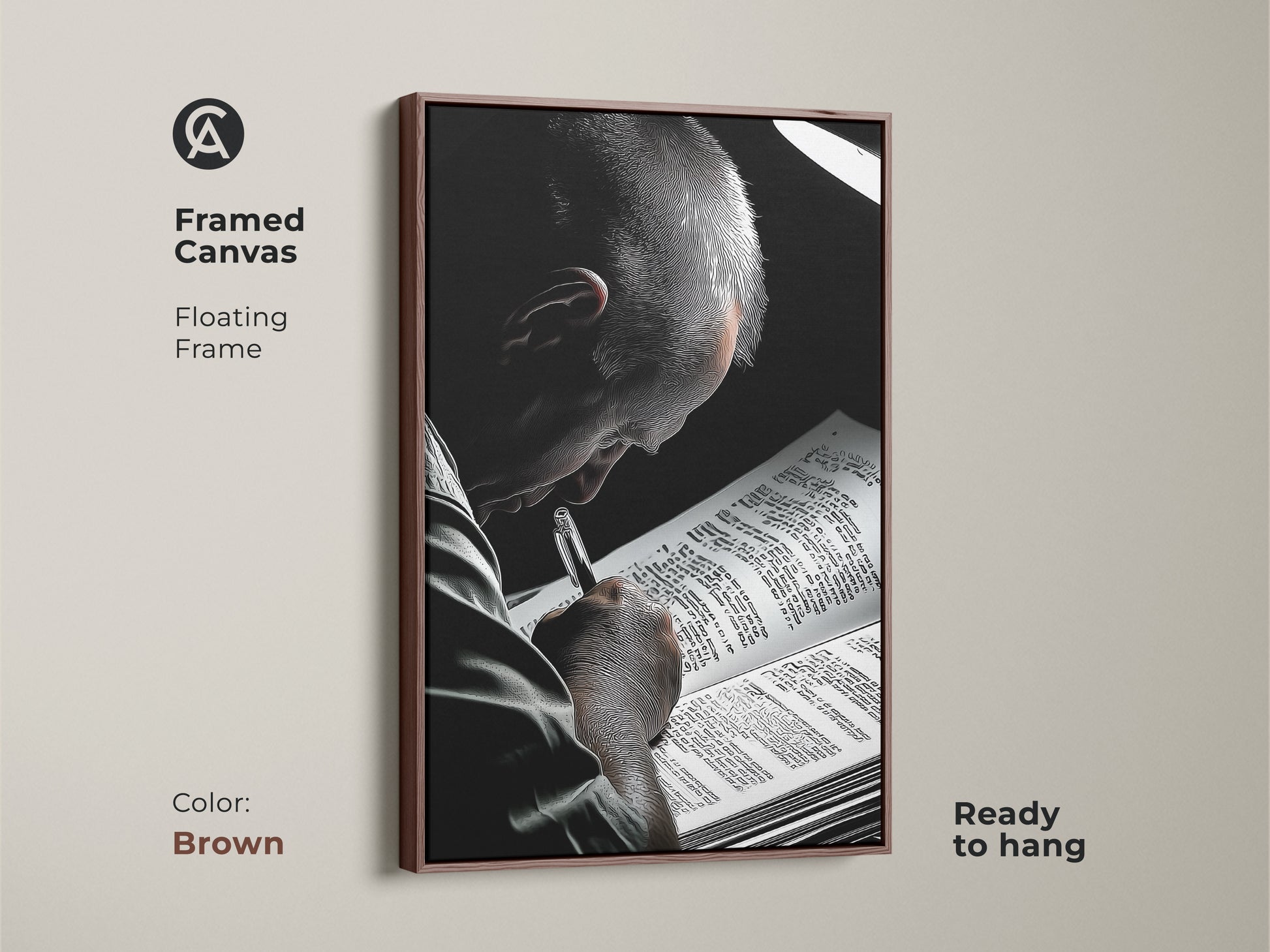 Black and white framed canvas art featuring a man reading with a brown floating frame ready for display. This sophisticated contemporary art serves as excellent reading room art and library decor. It's an ideal literature gift for an intellectual person. This complements office bookshelf art and academic wall art beautifully.